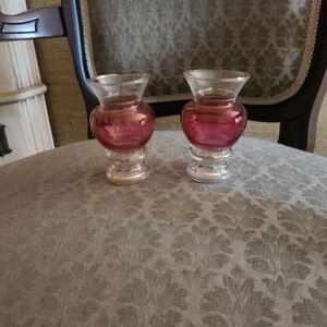 Set of 2 Flash Cranberry Glass Vases 3.75" Gold Rims